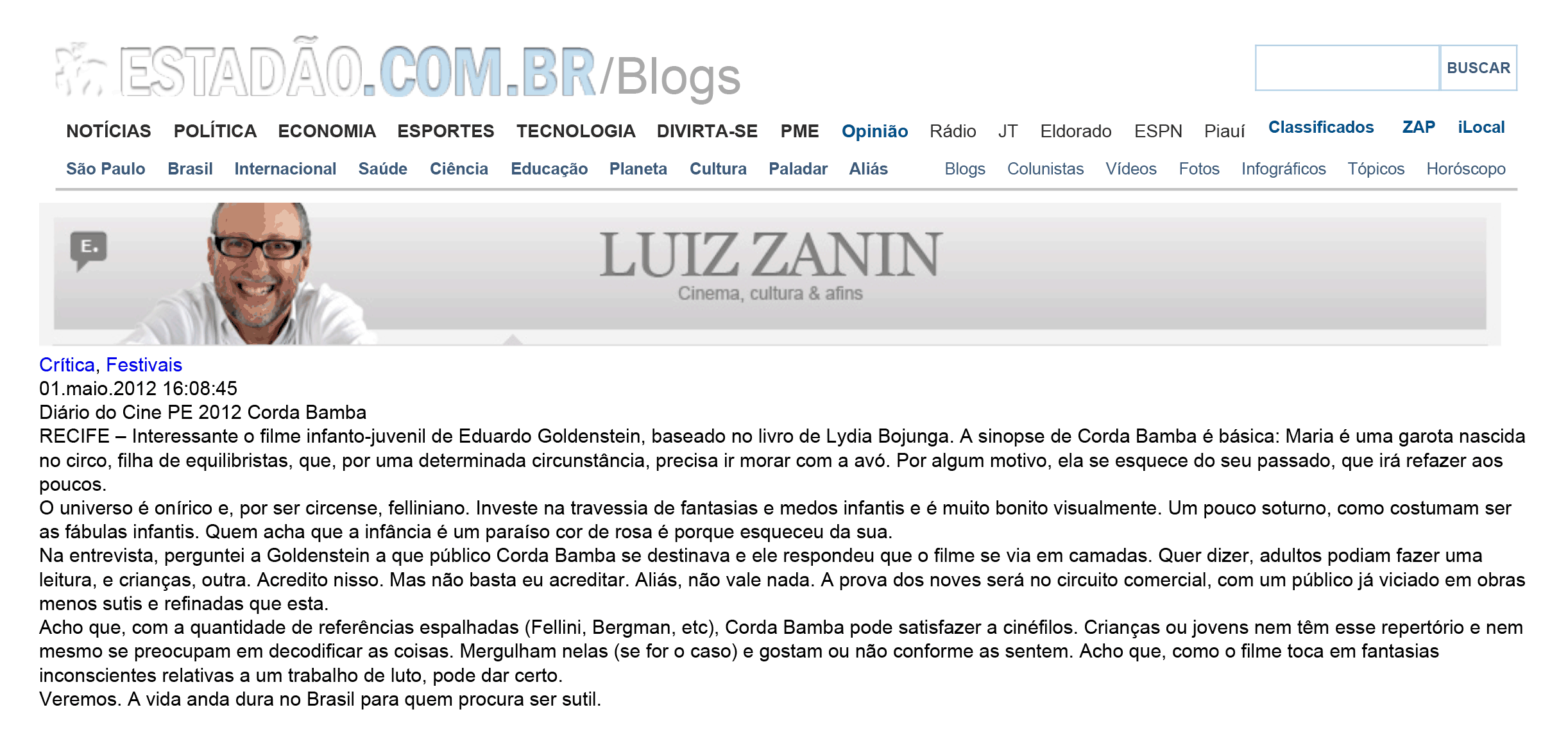 O Estado de São Paulo - Coluna do Luiz Zanin | mai. 2012